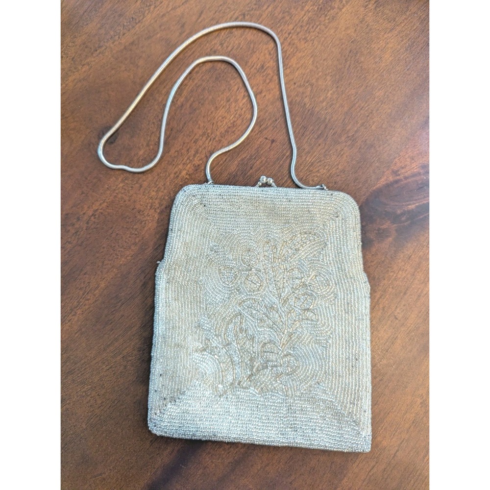 Vintage Walborg Silver White Beaded Shoulder Bag Taiwan Glam Clasp Chain Wedding
